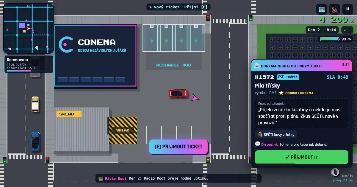 Snímek ze hry Ctrl+Alt+Drive: červená Trojka s nápisem CONEMA před centrálou, Recharge Hub, sklad a karta nového ticketu z Dispečinku